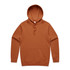 A brown hoodie with a kangaroo pocket and a drawstring hood, featuring a logo on the garment.