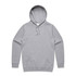 A grey hoodie with a drawstring hood and a front pocket, featuring branding.