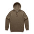 A brown hoodie featuring a front pocket and a drawstring hood. It has a branding logo.