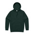 A dark green hoodie with a front pocket and a drawstring hood. It features a small logo on the label.