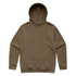 A brown hoodie featuring a front pocket and a drawstring hood. It has a logo on the front.