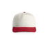 A two-tone cap featuring a cream top and a red brim, with a logo on the front.