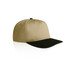A two-tone cap featuring a beige crown and a black peak, complete with a logo.