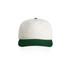 A two-tone cap featuring a white crown and a green peak, with a logo on the front.