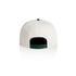 A two-tone cap featuring a white body and a dark green brim, with an adjustable snapback closure and ventilation eyelets.