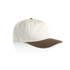 A two-tone cap with a cream-coloured body and a brown peak. It has a logo on the front.