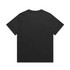 A black T-shirt featuring a simple design and a small logo on the back.