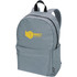 A grey laptop backpack featuring a front pocket and a logo. It has two shoulder straps for carrying.