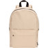 A beige laptop backpack with a front pocket, black zipper, and dual shoulder straps. It features a logo on the side.