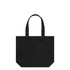 A black tote bag with two handles and a simple design. It features a logo on the front.