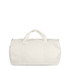 A white canvas duffel bag with two handles and a zip closure, featuring a logo.