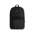 A black backpack featuring a front pocket and a logo. The fabric appears smooth and durable.