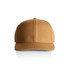 A tan cap with a structured front and a curved visor, featuring a branding logo on the side.