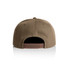 A brown cap with a flat brim and adjustable strap at the back, featuring a logo.