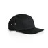 A black five-panel cap featuring a curved brim and side ventilation eyelets, with a logo on the front.
