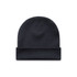A dark navy cuff beanie featuring a simple, knitted design and a fold-over cuff. It includes a branding logo.