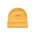 A yellow cuff beanie with a folded brim and textured knit design, featuring a small logo.