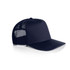 A navy trucker cap with a solid front panel and mesh back, featuring a logo on the front.