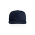 A navy cotton cap with a flat brim and an adjustable strap at the back, featuring a logo.