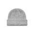 A grey beanie with a folded brim, featuring a textured knit design and a logo.