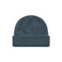 A blue beanie with a textured knit design and a folded cuff. It features a logo on the side.