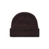 A brown knitted beanie with a turned-up cuff and a logo on the side.