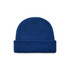 A blue cable knit beanie with a fold-over brim, featuring a branding logo.
