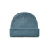 A blue beanie with a textured knit design and a folded brim. It features a logo on the side.