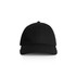 A black cap with a curved brim and adjustable strap at the back, featuring a logo on the front.