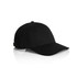 A black cap featuring a structured design and an adjustable strap at the back, including a logo.