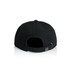 A black wool cap with a curved brim and an adjustable strap at the back, featuring a logo.
