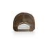 A brown foam trucker cap featuring a mesh back and adjustable strap, showcasing a simple design.