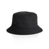 A black nylon bucket hat featuring a wide brim and a simple design. It has a logo on the side.