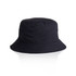 A black nylon bucket hat with a wide brim, featuring a subtle logo. Ideal for outdoor activities.