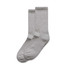 A pair of light grey socks displayed together, featuring a standard ribbed design and no visible branding.