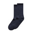 Two pairs of navy blue socks displayed side by side, featuring a ribbed design and a logo.