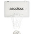 A mini basketball hoop set featuring a white backboard and a basketball with a logo.