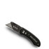 A black utility knife with a silver blade and a metal casing, featuring a logo.