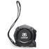 A black tape measure with a retractable mechanism and a wrist strap, featuring a branding logo.