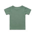 A green organic infant t-shirt with a short-sleeve design. Features a plain back and includes a branding logo.