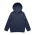 A navy hoodie with a front pocket and a large hood. It features a branding logo.