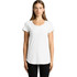 A white T-shirt with short sleeves and a scooped neckline, displayed on a model against a plain background.