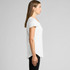 A white t-shirt featuring a side view of a model wearing it, with short sleeves and a curved hem.