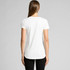 A white t-shirt with short sleeves and a curved hem, featuring a logo on the back.