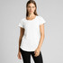 A white T-shirt with short sleeves and a rounded neckline, featuring a logo on the front.