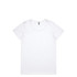 A white T-shirt with a round neckline, featuring a branding logo. Simple and plain design.