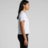 A white T-shirt with short sleeves, featuring a side view of the garment and a model. The shirt has a logo.