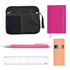 A black zippered pouch, a pink notebook, a pink pen, a colorful ruler, and a box of colored pens.
