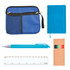 A blue zippered pouch, a blue notebook, a blue pen, a ruler, and a box of colorful markers.