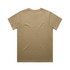 A beige T-shirt featuring a crew neck and short sleeves, with a logo present on the back.